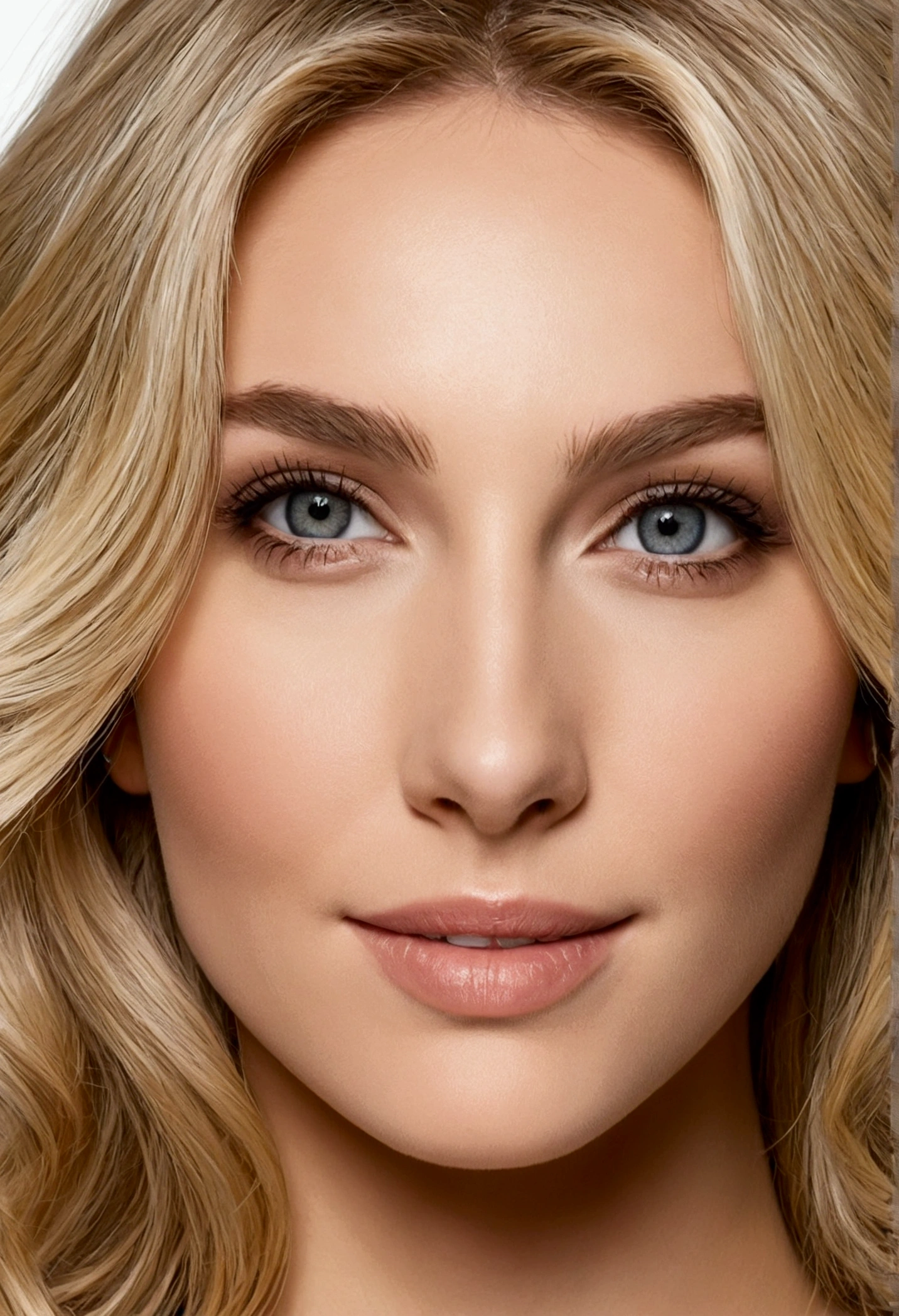 Crée une image ultra réaliste d'une femme parfaite. Elle doit avoir des cheveux blonds brillants et des yeux noisette captivants. Son teint est éclatant et sa peau est impeccable. Elle a un sourire chaleureux et charmant, avec des traits délicats et bien définis. Elle porte une tenue élégante et moderne, mettant en valeur sa silhouette. L'arrière-plan est lumineux et met en valeur la beauté naturelle de la femme. Les détails doivent être extrêmement précis, des textures de la peau et des cheveux aux reflets dans ses yeux, créant une image d'une beauté saisissante et inoubliable.