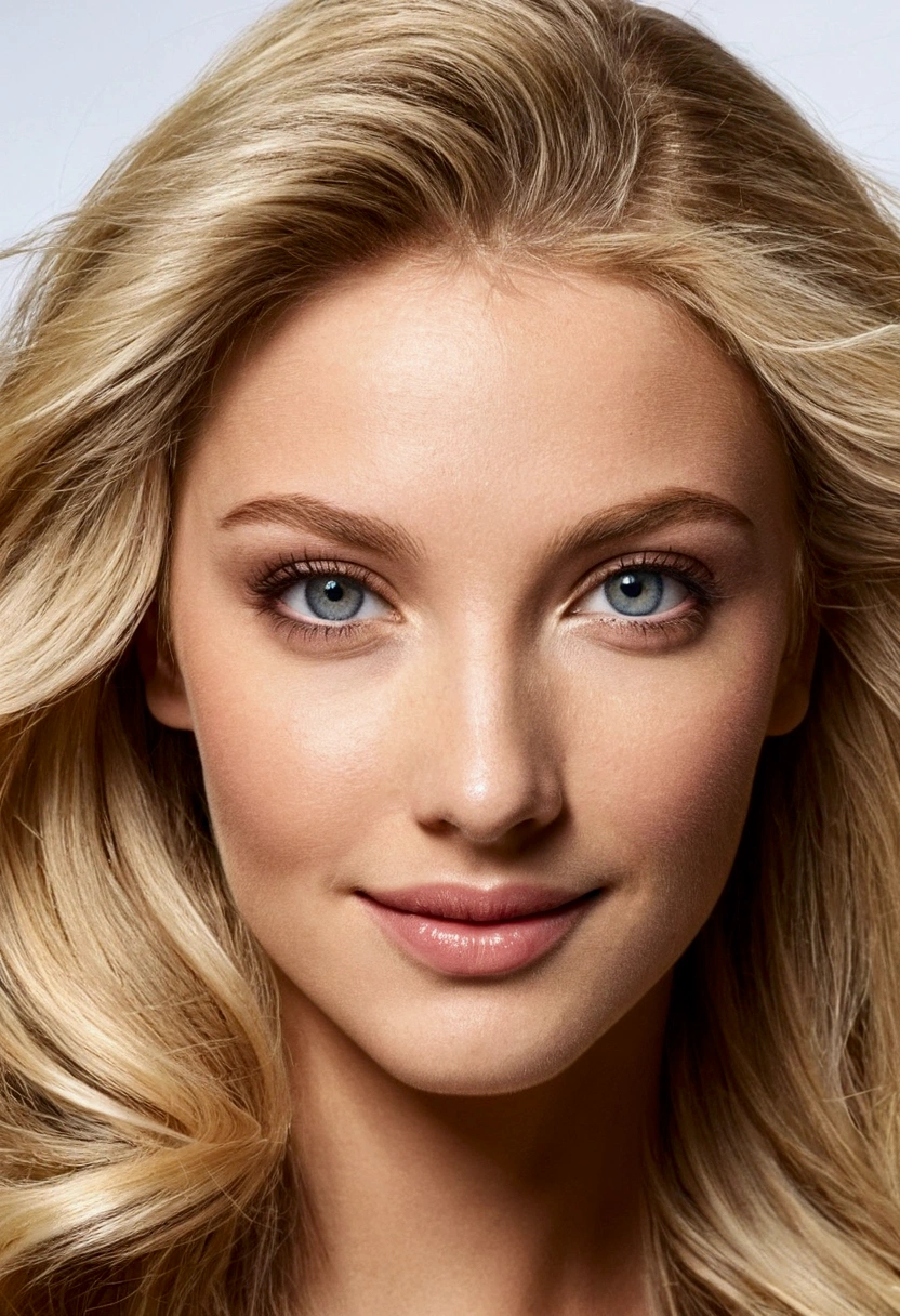Crée une image ultra réaliste d'une femme parfaite. Elle doit avoir des cheveux blonds brillants et des yeux noisette captivants. Son teint est éclatant et sa peau est impeccable. Elle a un sourire chaleureux et charmant, avec des traits délicats et bien définis. Elle porte une tenue élégante et moderne, mettant en valeur sa silhouette. L'arrière-plan est lumineux et met en valeur la beauté naturelle de la femme. Les détails doivent être extrêmement précis, des textures de la peau et des cheveux aux reflets dans ses yeux, créant une image d'une beauté saisissante et inoubliable.