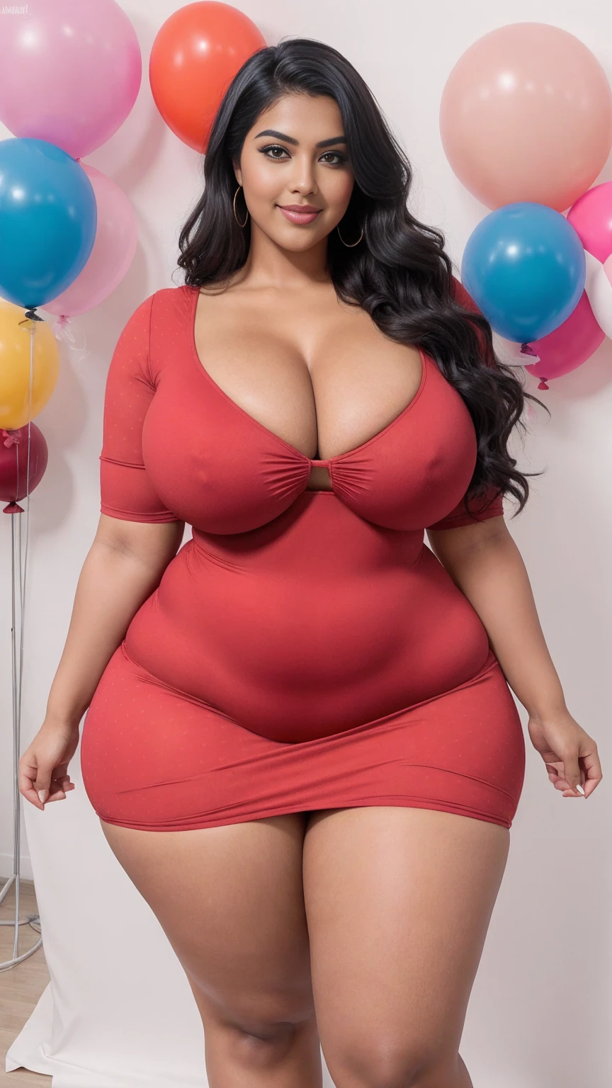 swastika mukharjee Indian beautiful woman curvy plus size hour glass bulky huge figure woman, closeup camera view, big huge m-cup breast, wearing SHEIN WYWH Plus Size Women's Fashionable V-Neck Red Polka Dot Loose Dress
Color: Red
, covered Bust , elegant standing position, eye contact view, different style hairstyle, bright eyes, thin eyebrows, fair skin, blushing cheeks, prefect head to toe view, full body, ideal for high-fashion or editorial shoots, ultra realistic skin texture, head to toe view, full body shot, full body view, smile face, black hair, Indian face, perfect skin tone light, ultra realistic skin texture, bigger waist, busty, big hips, fleshy thighs, thick thighs, busty, full body view, Hot Air Balloon Festival: Colorful balloons against a bright blue sky.
