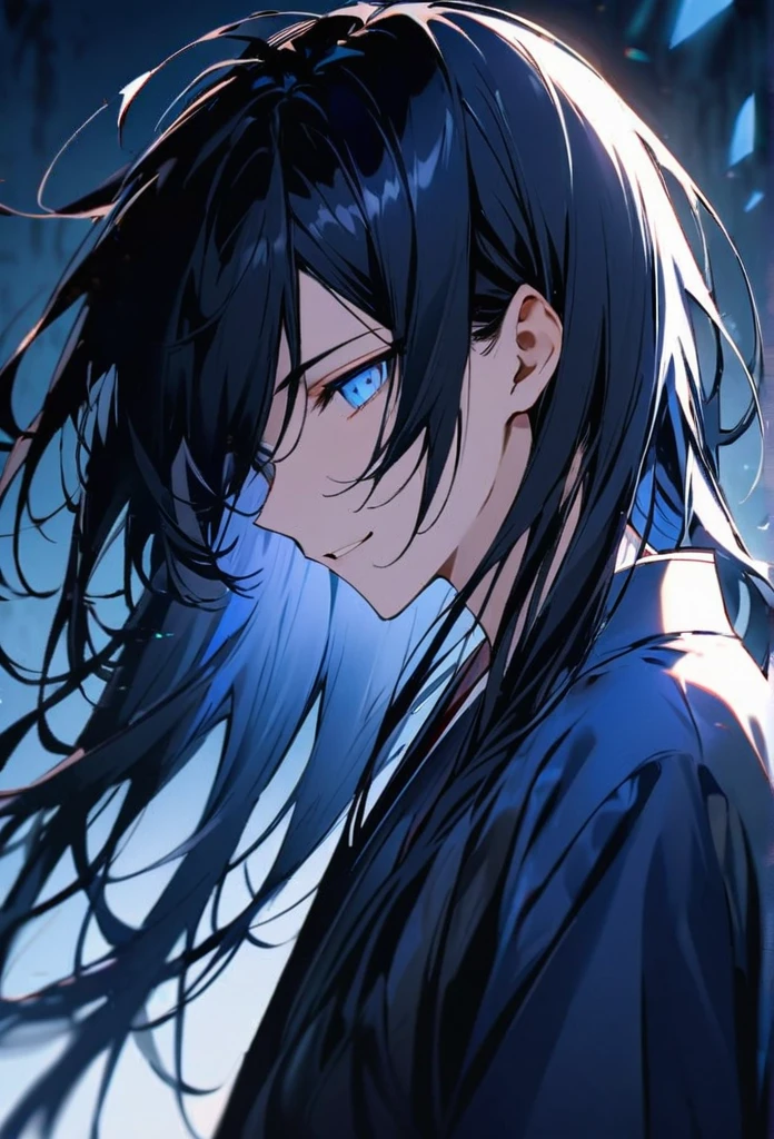 Japanese。male。Sharp Eye。A strong face and a slight smile。Very long black hair。Plain blue kimono(Dressed in kimono)。A strong wind blows my hair back。Cover your eyes with hair。The background is blue light。Stand up straight。