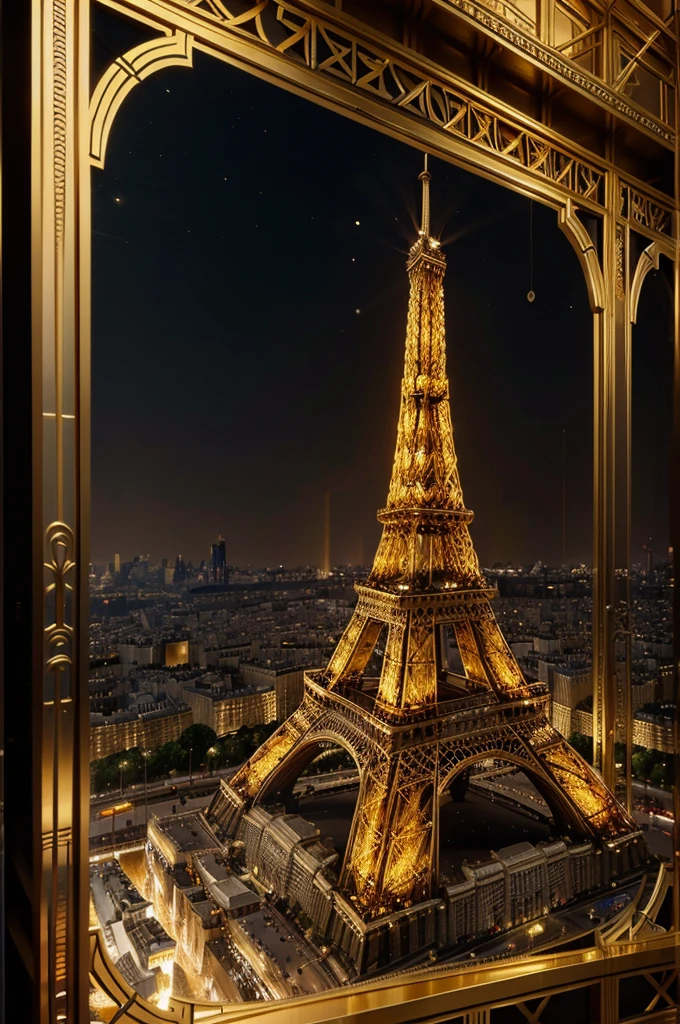 a highly detailed art deco poster, gold metallic colors, geometric Eiffel Tower, Paris 1924 Olympic Games, gold medal, surreal, hyperreal, volumetric lighting, cinematic, award-winning, intricate patterns, luxurious, elegant, dynamic composition, dramatic shadows, vibrant colors, reflective surfaces, best quality, 8k, photorealistic, studio lighting, physics-based rendering, extreme detail depiction, vivid colors and title to gold medal paris 1924


