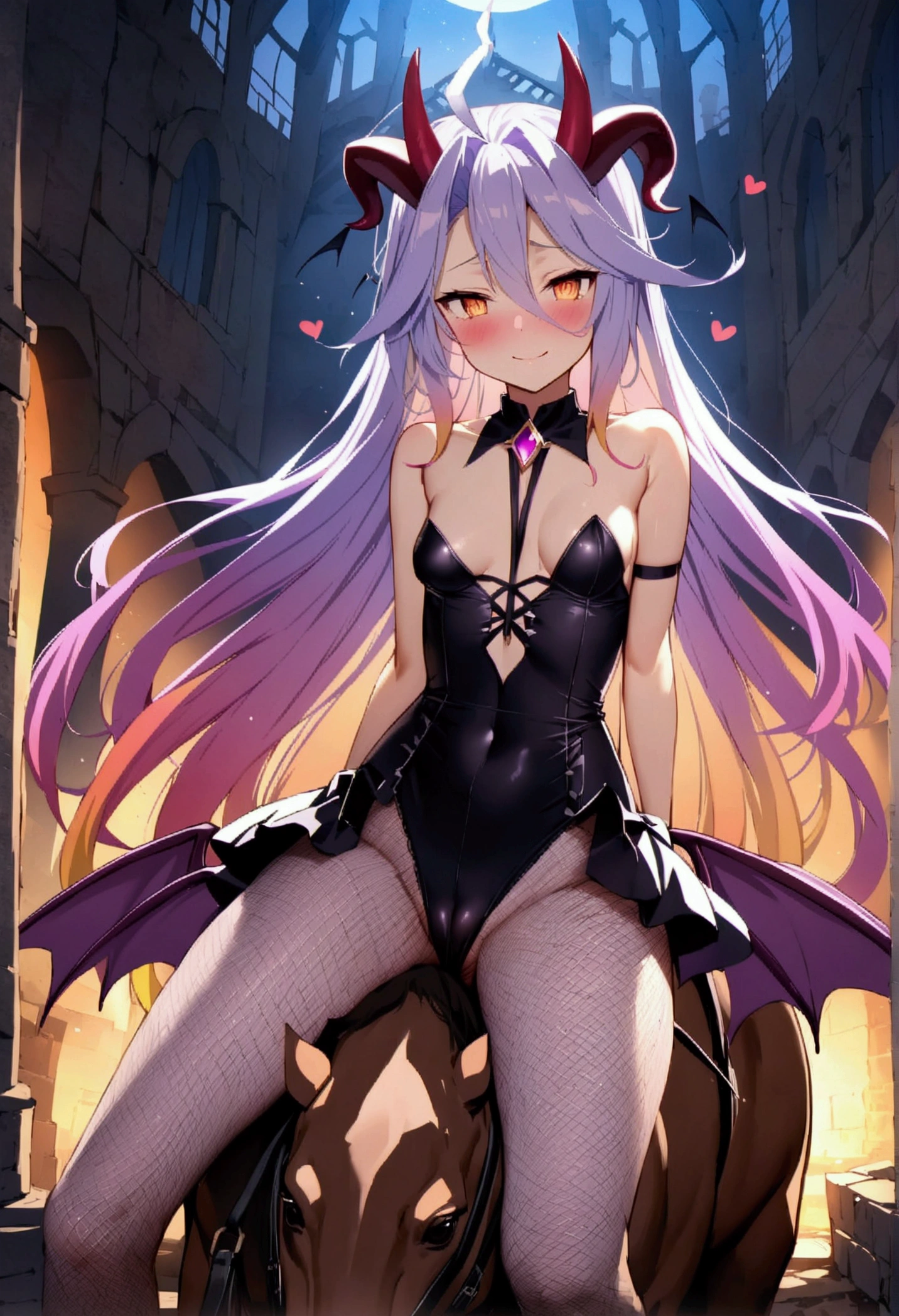 NSFW,masterpiece,Highest quality,High resolution,Very detailed,white\(no game No life\),Small breasts,Multicolored Hair,Gradient Hair,Long Hair,Bad smile,blush,heart,(Succubus),Devil horns,(tail),(wing),High-quality black frill dress,leotard,Fishnet tights,Sexy pose,Abandoned Castle,Horse riding