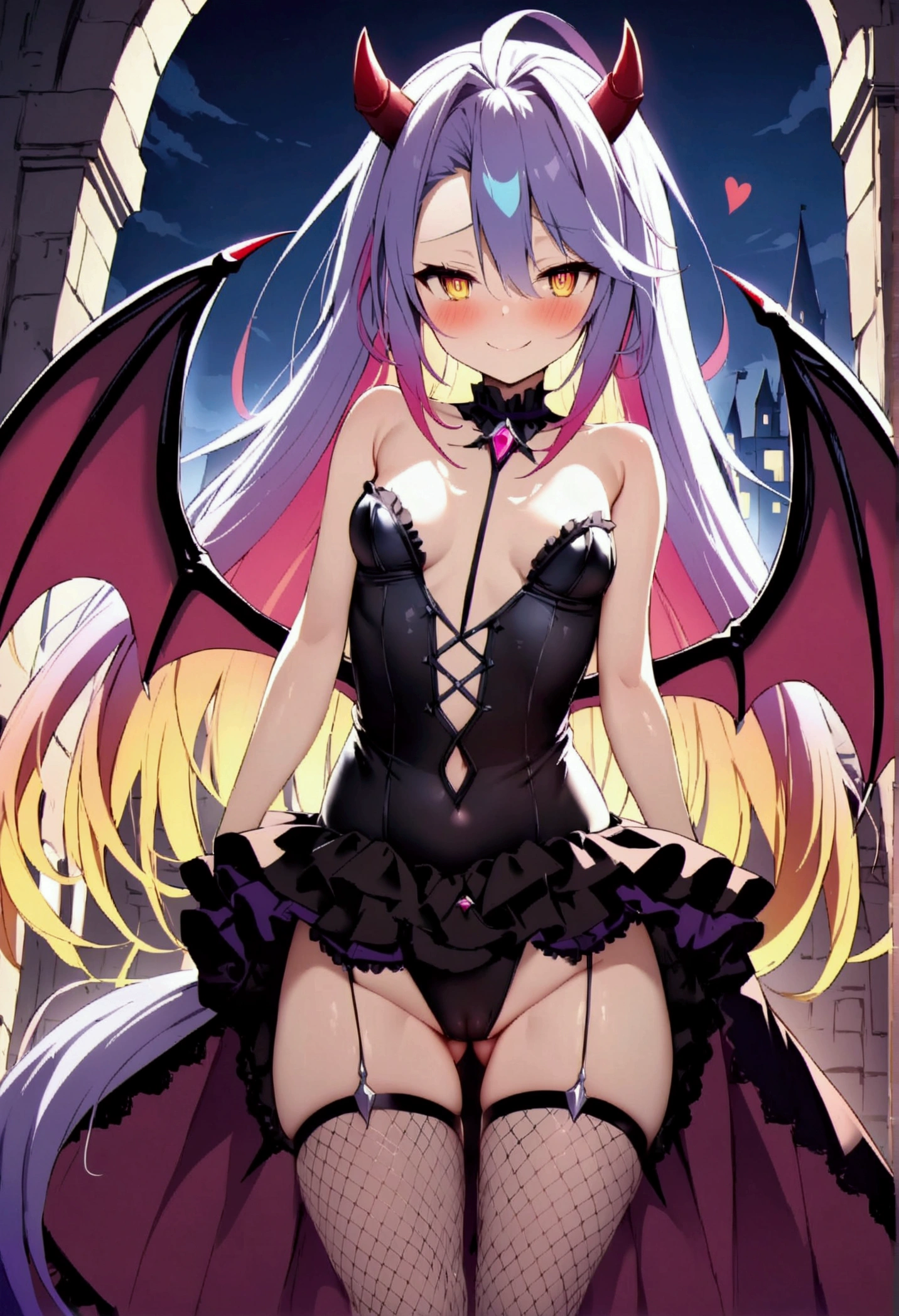 NSFW,masterpiece,Highest quality,High resolution,Very detailed,white\(no game No life\),Small breasts,Multicolored Hair,Gradient Hair,Long Hair,Bad smile,blush,heart,(Succubus),Devil horns,(tail),(wing),High-quality black frill dress,leotard,Fishnet tights,Sexy pose,Abandoned Castle,Horse riding