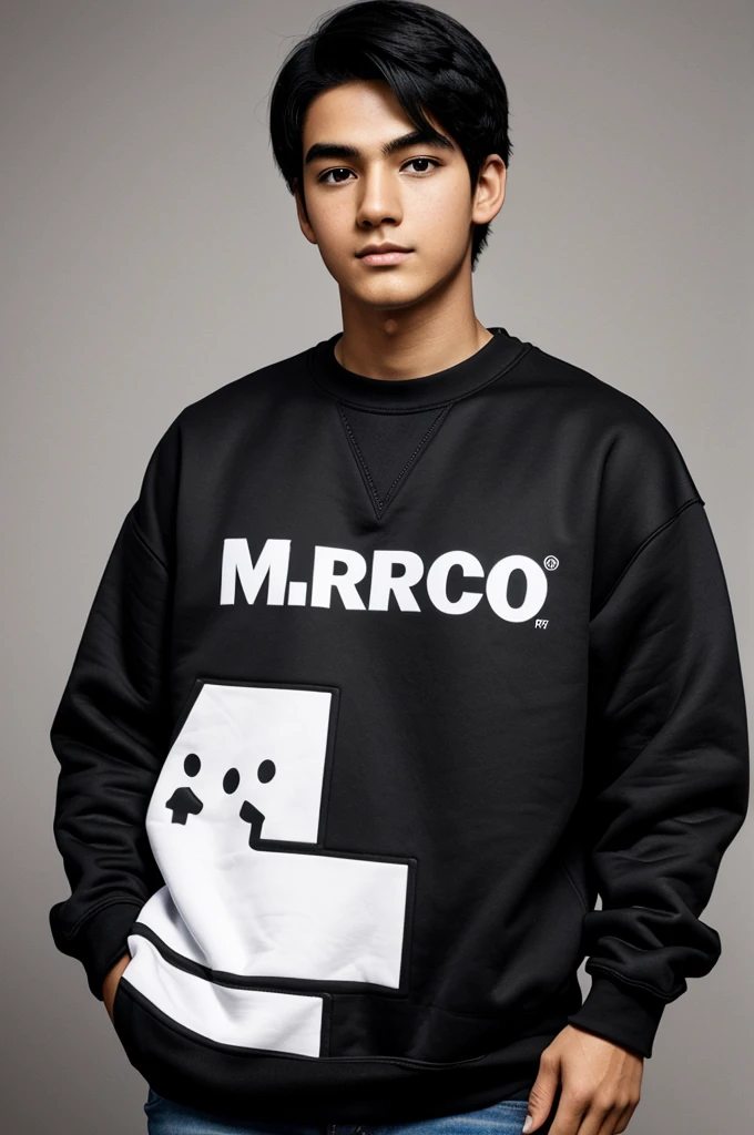 Create a logo mascot where the mascot is a black-haired gamer boy with a sweatshirt and has the letters underneath "Marcos"
