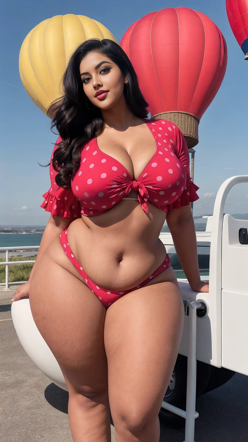 swastika mukharjee Indian beautiful woman curvy plus size hour glass bulky huge figure woman, closeup camera view, big huge m-cup breast, wearing SHEIN WYWH Plus Size Women's Fashionable V-Neck Red Polka Dot Loose Dress Color: Red , covered Bust , elegant standing position, eye contact view, different style hairstyle, bright eyes, thin eyebrows, fair skin, blushing cheeks, prefect head to toe view, full body, ideal for high-fashion or editorial shoots, ultra realistic skin texture, head to toe view, full body shot, full body view, smile face, black hair, Indian face, perfect skin tone light, ultra realistic skin texture, bigger waist, busty, big hips, fleshy thighs, thick thighs, busty, full body view, Hot Air Balloon Festival: Colorful balloons against a bright blue sky.