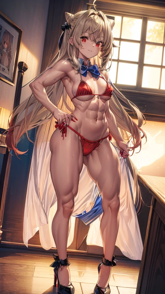 (((1 ta girl))), when he plows, (Red eyes: 1.5), blond hair, Long hair, conical hair bun, hair ornament, hair shots, Ahoge, fringe, blue bow tie, (Wearing a very sexy and short red bikini), has, (muscular belly), muscular abs, Wide hips, Thin waist, small breasts, (((posing sexy))), wearing black heels, (((standing)) ), {{{Full body photo}}}, Cheerful and funny, REST looking at the viewer , breaking and entering, classroom, interval (masterpiece: 1.2), Best Quality, highest resolution, unity wallpaper 8k, (illustration: 0.8), (beautiful detailed eyes: 1, 6), extremely detailed face, perfect lighting, Extremely detailed CG, (perfect red nails, perfect anatomy), {anatomically correct}