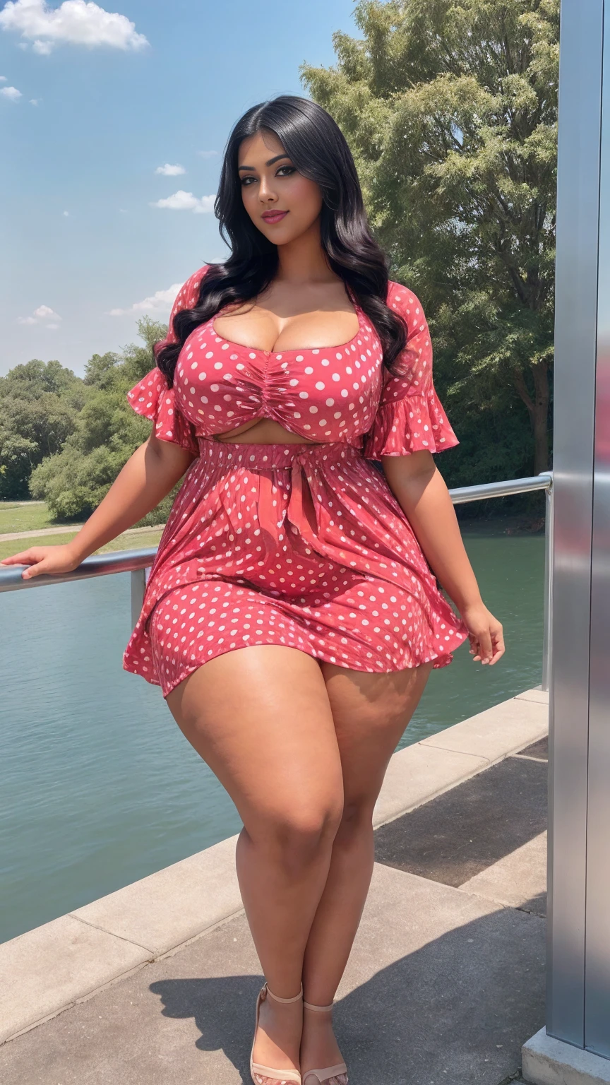 swastika mukharjee Indian beautiful woman curvy plus size hour glass bulky huge figure woman, closeup camera view, big huge m-cup breast, wearing SHEIN WYWH Plus Size Women's Fashionable V-Neck Red Polka Dot Loose Dress Color: Red , covered Bust , elegant standing position, eye contact view, different style hairstyle, bright eyes, thin eyebrows, fair skin, blushing cheeks, prefect head to toe view, full body, ideal for high-fashion or editorial shoots, ultra realistic skin texture, head to toe view, full body shot, full body view, smile face, black hair, Indian face, perfect skin tone light, ultra realistic skin texture, bigger waist, busty, big hips, fleshy thighs, thick thighs, busty, full body view, Hot Air Balloon Festival: Colorful balloons against a bright blue sky.