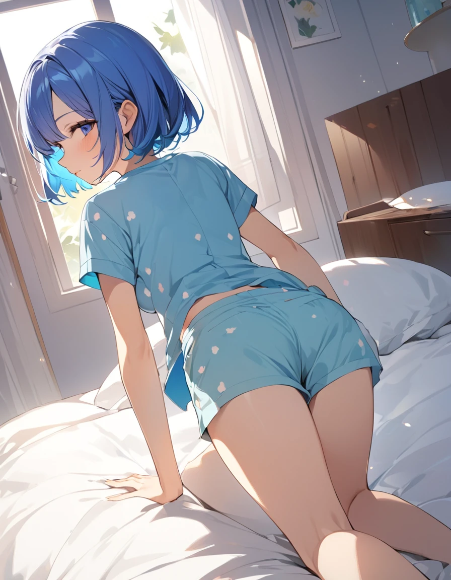 (Top quality illustrations:1.2), (pretty girl:1.1), (1 girl、、Top quality illustrations:1.2),、from behind, hip focus, looking around (1 girl、Beautiful breasts)、Bright blue hair、Short Bob Hair、 {Plain pajamas、Short sleeve、 Shorts},  Medium chest、Cowboy Shot、Bedroom、On the bed, On all fours
