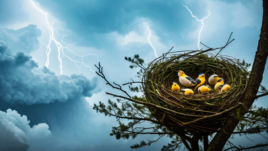 Create a close-up image of a forest during a severe storm, with broken branches and leaves being blown away by strong winds. In the center of the image, also in close-up, depict a nest with a mother bird calmly sitting over her chicks, conveying a sense of peace and tranquility amidst the chaos of the storm. The scene should clearly illustrate the concept of "Peace in the Midst of Chaos," showing the contrast between the violent storm and the calmness of the nest.