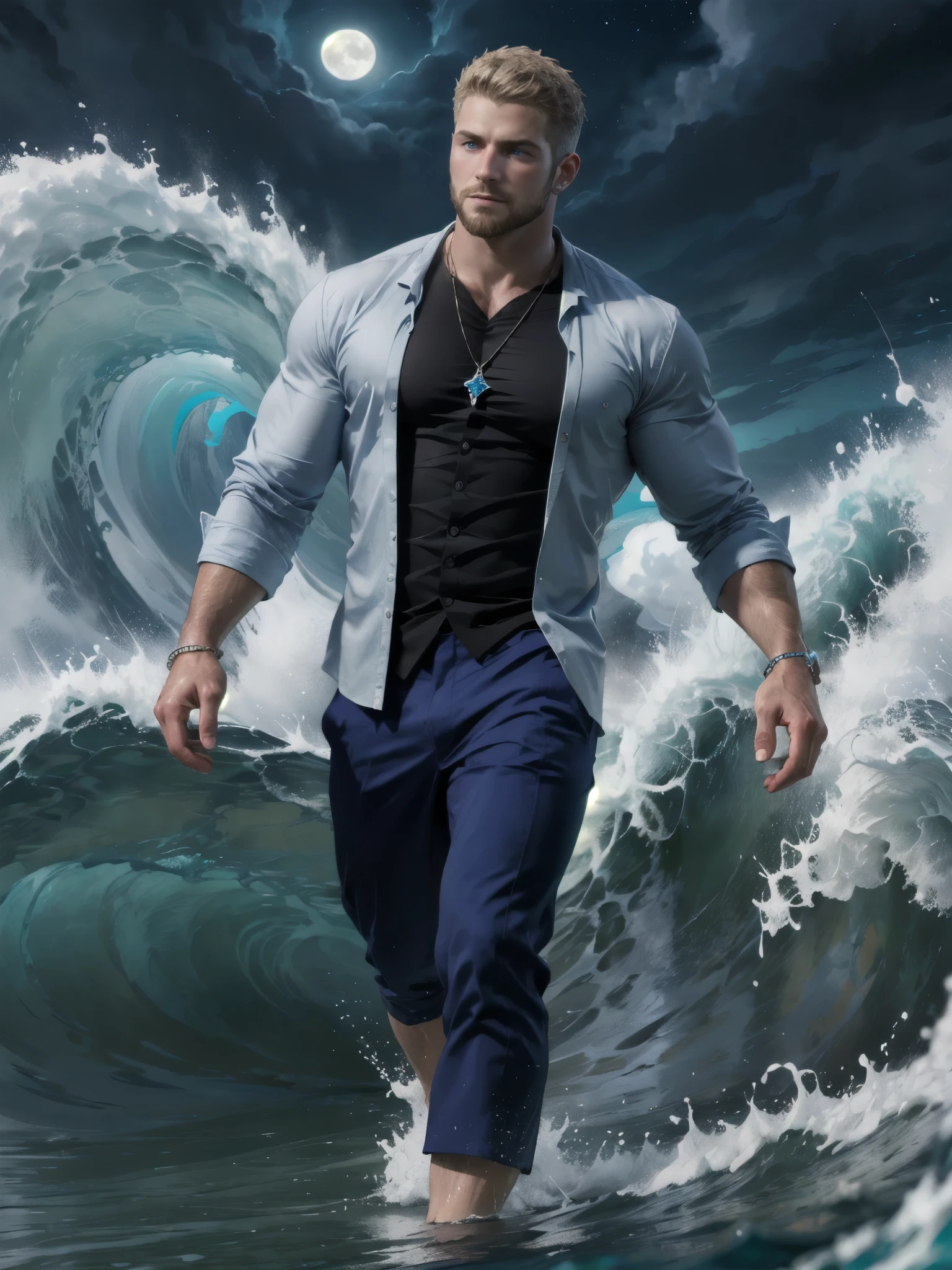 (Ocean greek god), hydromancer, muscular mature male, water magic, handsome, short beard, short hair, mystic, modern outfit, masterpiece, eye focus, best quality, anatomically correct, ((dark-blue royal shirt, inricate silver jewellery)), (walk on water: 1.15), water particles flying around, ocean, huge waves behind character, ((storm)), huge waves around character, night, night sky, mystic, moon, 