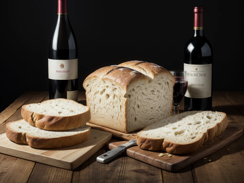 bread and wine on a wooden table with a medium dark background with enough space at the top left to add some type of text