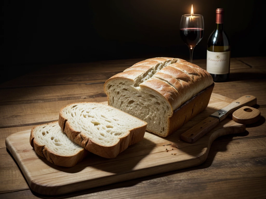 bread and wine on a wooden table with a medium dark background with enough space at the top left to add some type of text