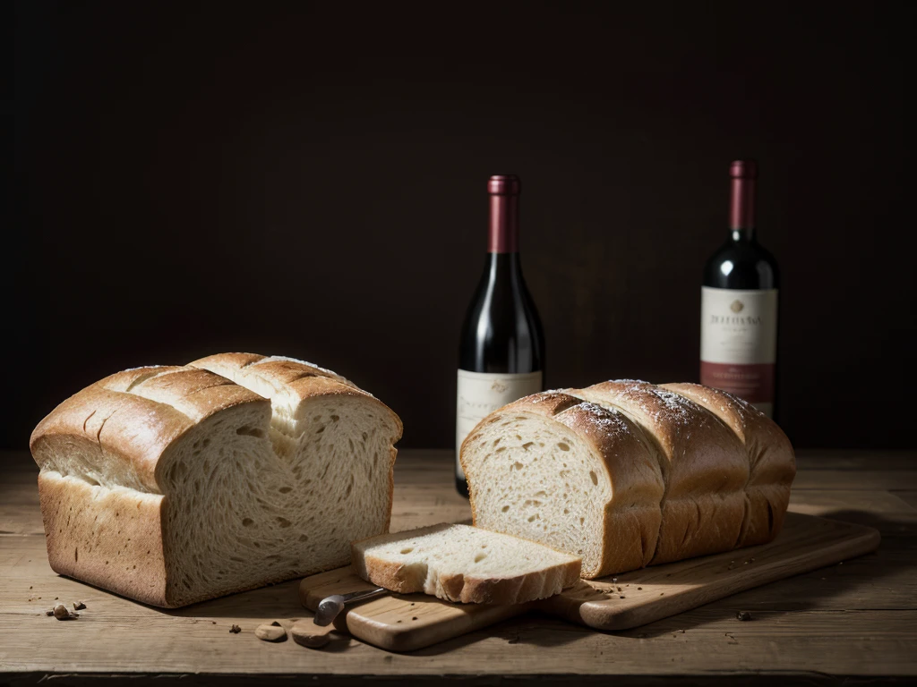 bread and wine on a wooden table with a medium dark background with enough space at the top left to add some type of text