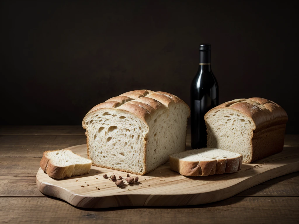 bread and wine on a wooden table with a medium dark background with enough space at the top left to add some type of text