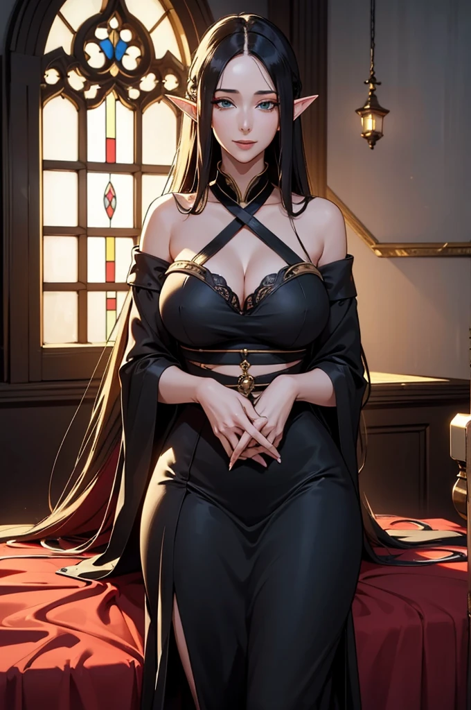 High Contrast, (8K  UHD:1.2), (Realistic:1.2),(masterpiece:1.4), (Highest quality:1.4),Highly detailed wallpaper, Highly detailed illustration, (1 female), (Best lighting) , (Very intricate details) , 4K Integration, (Super fine CG: 1.2) , (8k: 1.2),(original), (masterpiece) , (Highest quality),(masterpiece:1.4),((Standing in front of a castle window at night)), Beautiful light hues,(masterpiece, のficial art),Unohana Yachiru (Bleach),Goodwill clothing,Exposed sideboob,revealing sexy clothes,Noble Elf Woman,Adult female,Queen,elegant,(eyelashes), Curvaceous, (Mature Woman),elegant face,blonde, Green Eyes,Confused eyes,Long Hair,( Mature Woman, Sensual),Super perfect body curves,Highest quality, masterpiece, One girl, Pillar Box, Long Hair, chest, belly button, bondage,black dress, jewelry, very Long Hair, cuffs, Open your mouth, dress, Chained, chestの谷間, large chest, smile, Raise the hand, Crossing your legs, Hip vents, broken, Sitting, Center opening, Tentacles, Exposing shoulders, golden hind,