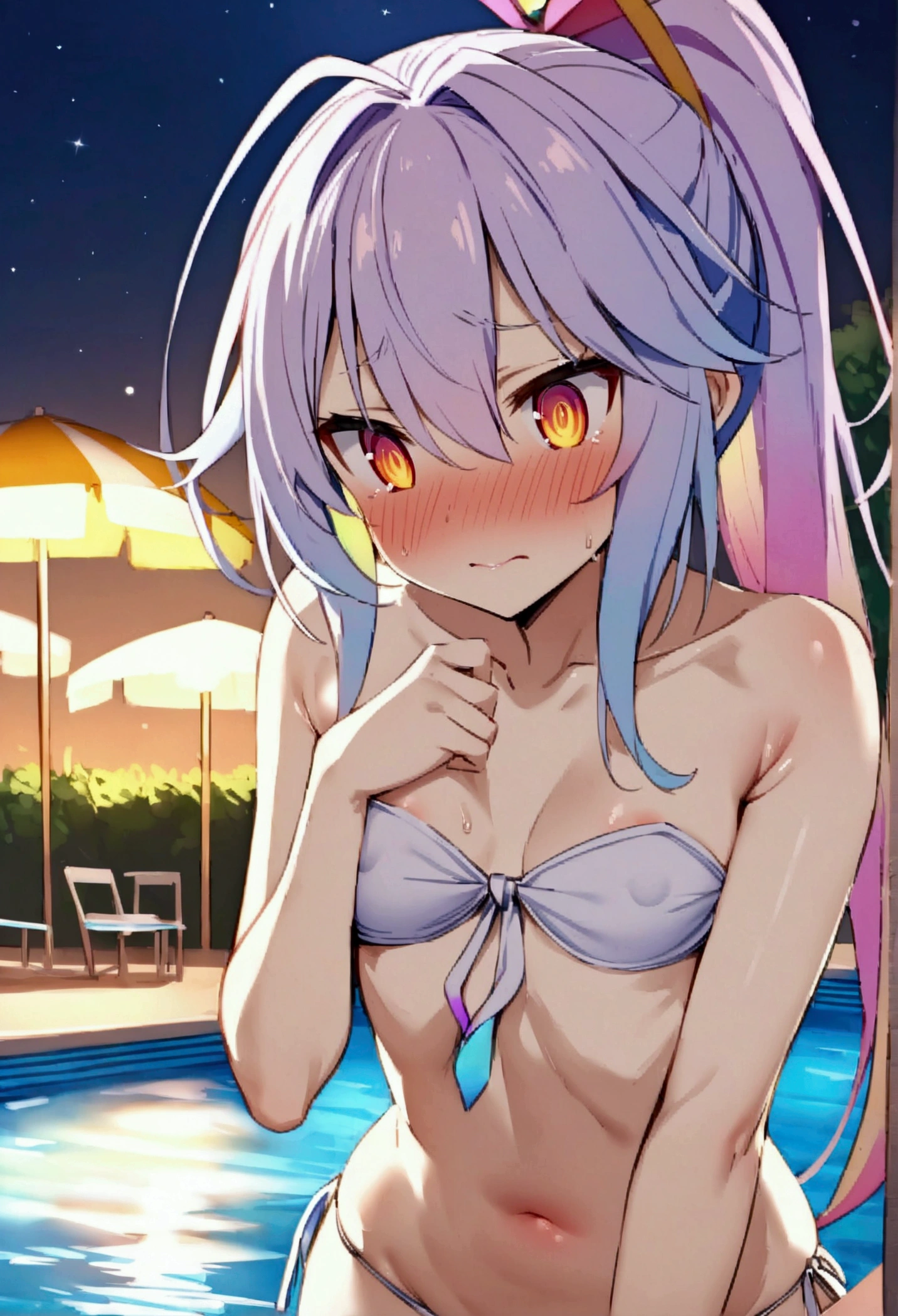 NSFW,masterpiece,Highest quality,High resolution,Very detailed,white\(no game No life\),Small breasts,ponytail,Strapless ribbon bikini top,Tie side bikini bottom,Pool at night,Beach parasol,Embarrassed,blush,Sexy pose,Nampa