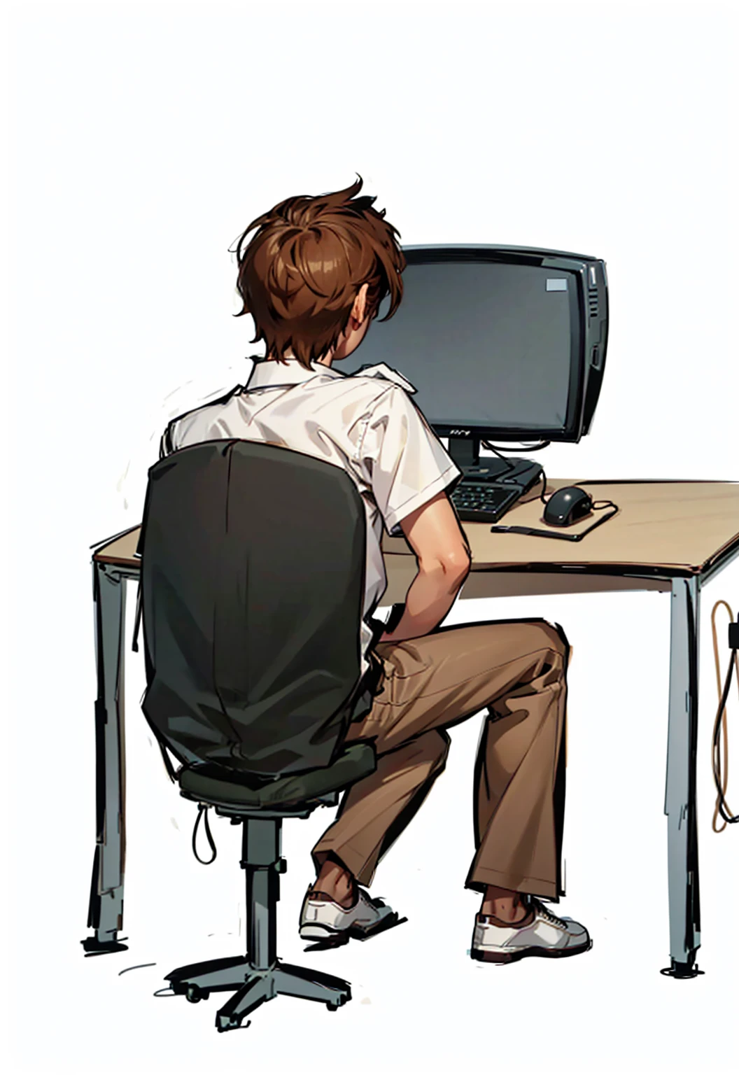 Slim 17-year-old boy wearing a white short-sleeved dress shirt, brown pants and white sneakers, brown hair is sitting in a chair in front of a computer, keyboard,mouse,This is on the back of a wooden table