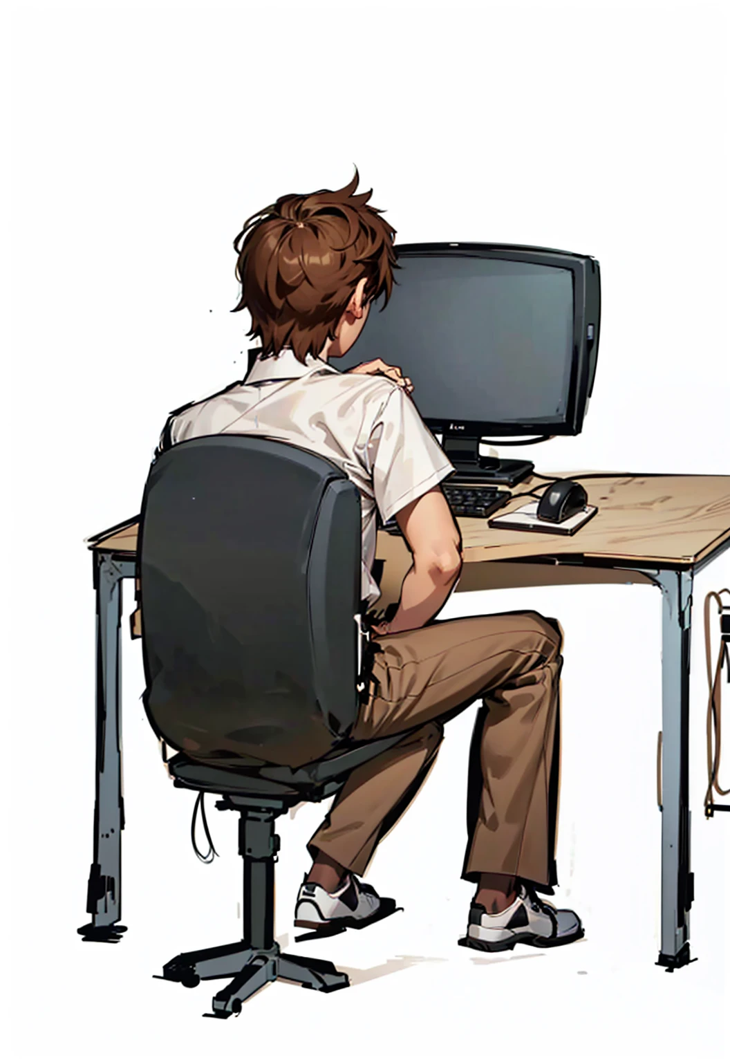 Slim 17-year-old boy wearing a white short-sleeved dress shirt, brown pants and white sneakers, brown hair is sitting in a chair in front of a computer, keyboard,mouse,This is on the back of a wooden table