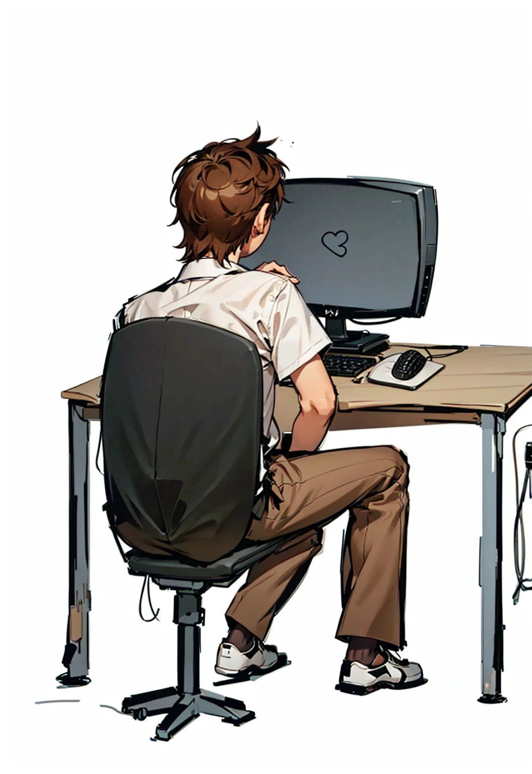 Slim 17-year-old boy wearing a white short-sleeved dress shirt, brown pants and white sneakers, brown hair is sitting in a chair in front of a computer, keyboard,mouse,This is on the back of a wooden table