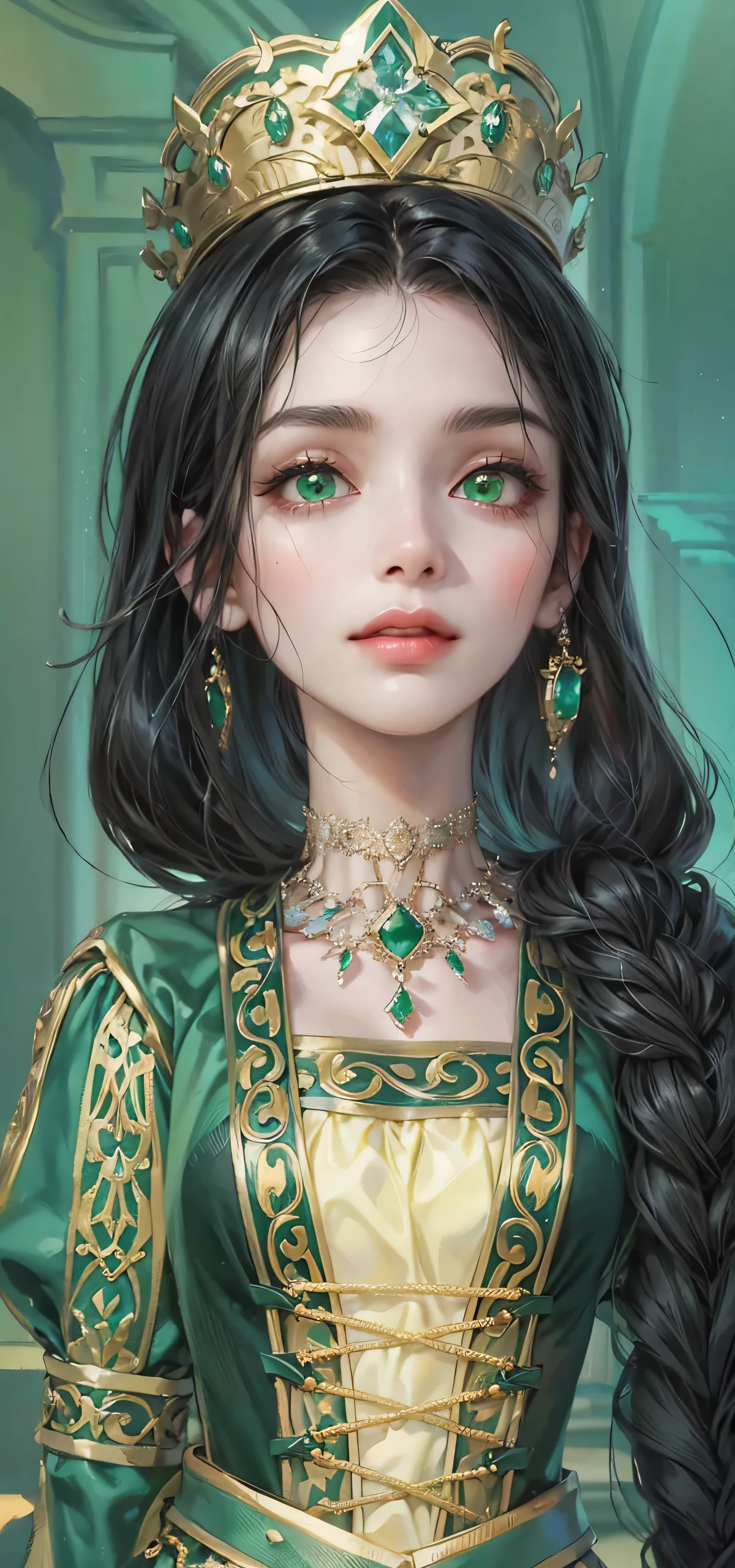 (masterpiece, top quality, best quality, official art, enchanting and aesthetic:1.2), 1female, dark black hair, thick braid to the shoulder, emerald green eyes, dress, jewelry, high quality details, 4k eyes, no teeth showing