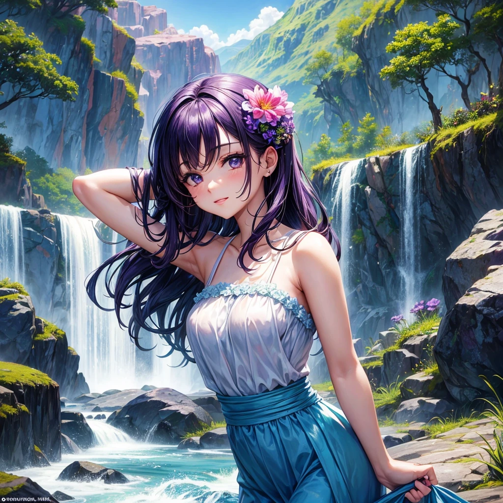 Make an image of a beautiful and pretty woman holding a purple flower, make her look beautiful and pretty and hot, make the background a valley with a waterfall in the background