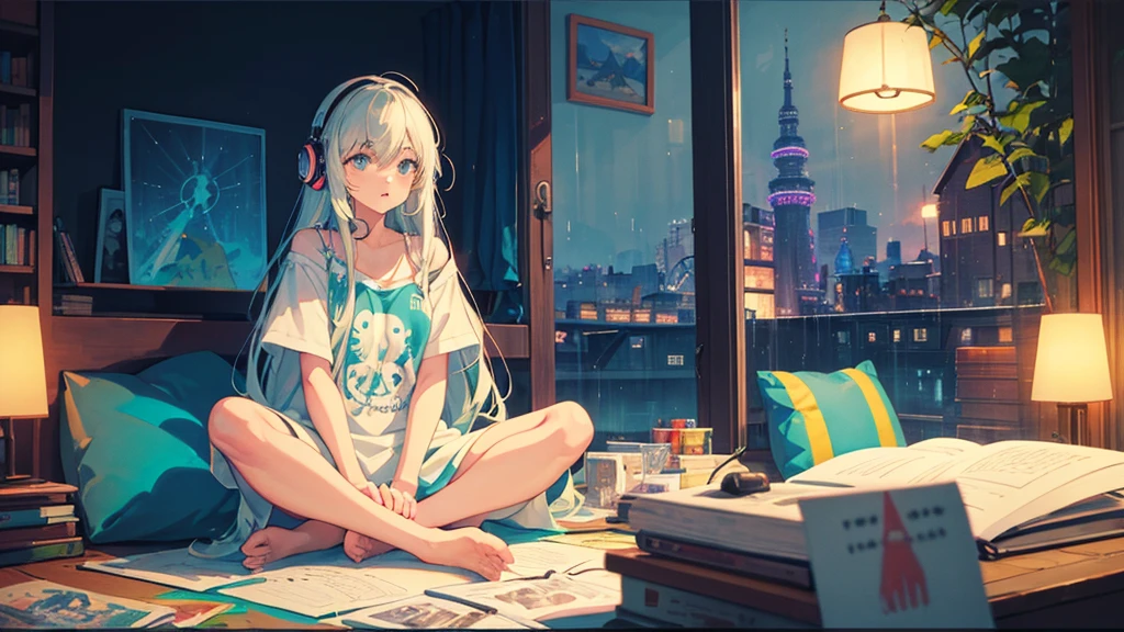 European hippie girl meditating in her room, dream, Please wear headphones., night light, Neon landscape on a rainy day, Analog color theme, Lo-Fi Hip Hop , retrospective exhibition, flat, 2.5D ,Draw a line, ink painting, Osaka Road, Watercolor painting, gouche paint, Studio Ghibli Style, Very bright colors, Outerton, Kraut Lock, Lofiato, 70&#39;s style,Old meat, Amplitude,Psychedelic atmosphere, Masterpiece, Amazing technology,