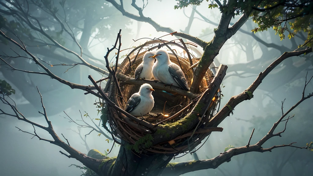 Create a close-up image of a forest during a severe storm, with broken branches and leaves being blown away by strong winds. In the center of the image, also in close-up, depict a nest with a mother bird calmly sitting over her chicks, conveying a sense of peace and tranquility amidst the chaos of the storm. The scene should clearly illustrate the concept of "Peace in the Midst of Chaos," showing the contrast between the violent storm and the calmness of the nest.