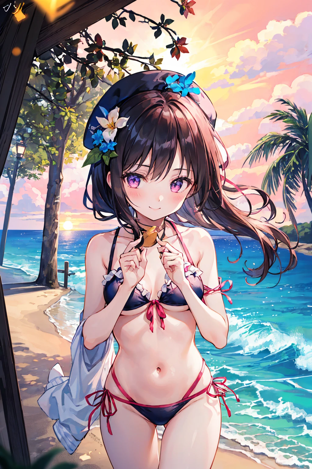 One Girl、A girl who likes to be clean、beautifulgirl、bikini、Beach、summer、bikini、白のbikini、smile、beautiful、beautifulA girl who likes to be clean、Ocean、beautifulBeach, Are standing, Midway between afternoon and evening, Pink and orange sky, 雲 Ocean ,Small breasts,((Highest quality)), (Very detailed), (High-definition CG synthesis 8K wallpaper), 高いly detailed, 高い-definition raw color photos, Professional photography, (((Bokeh))), Written boundary depth,