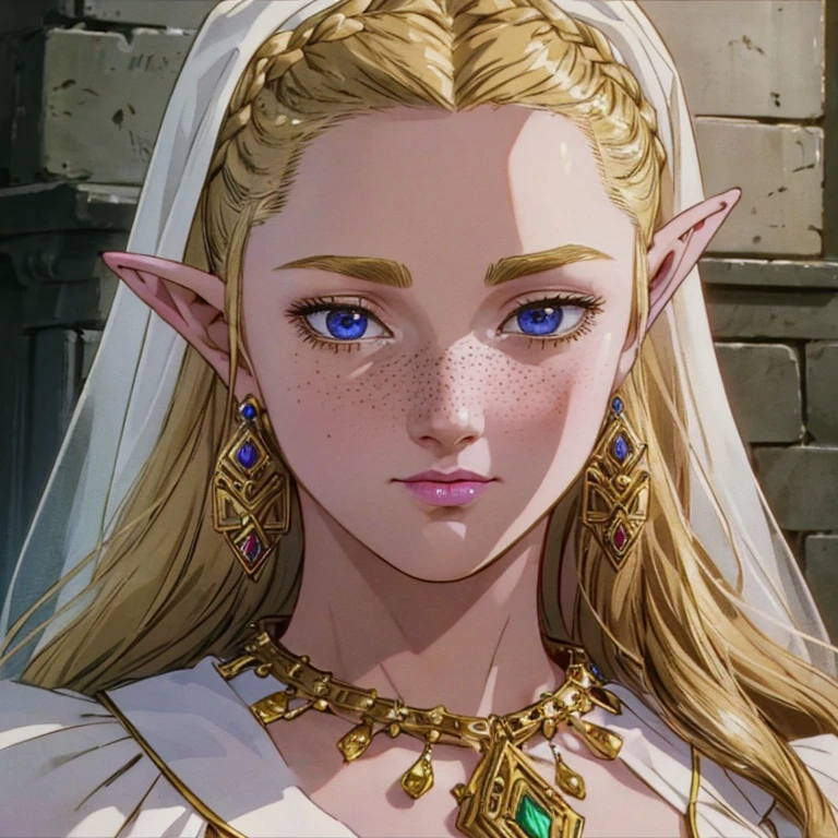 a beautiful blonde woman with elf ears and freckles with braids, a beautiful jeweled necklace, realistic portrait, detailed face, detailed eyes, detailed lips, super detailed, highly detailed, photorealistic, 8k, intricate details, cinematic lighting, dramatic lighting, warm color tones, fantasy character, magical, ethereal