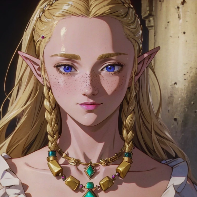 a beautiful blonde woman with elf ears and freckles with braids, a beautiful jeweled necklace, realistic portrait, detailed face, detailed eyes, detailed lips, super detailed, highly detailed, photorealistic, 8k, intricate details, cinematic lighting, dramatic lighting, warm color tones, fantasy character, magical, ethereal