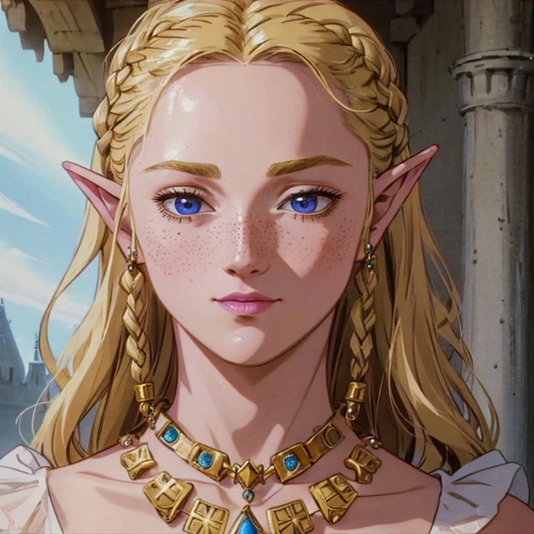 a beautiful blonde woman with elf ears and freckles with braids, a beautiful jeweled necklace, realistic portrait, detailed face, detailed eyes, detailed lips, super detailed, highly detailed, photorealistic, 8k, intricate details, cinematic lighting, dramatic lighting, warm color tones, fantasy character, magical, ethereal
