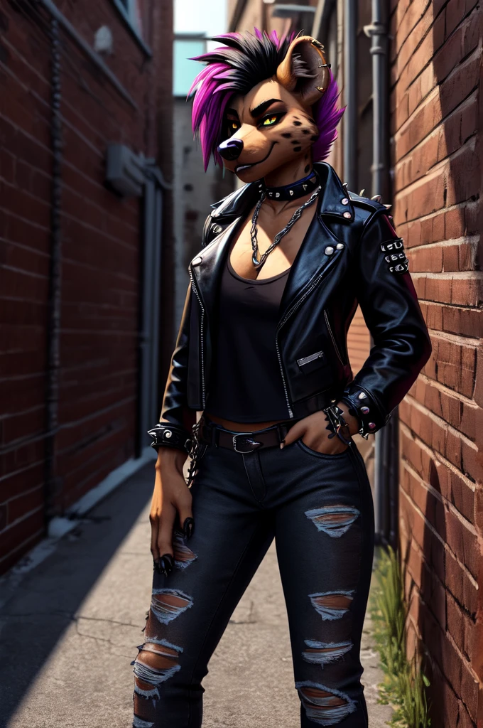 Female, solo, hyena, punk clothing, punk hair, open jacket, black leather jacket, black jeans, chain wallet, alleyway, 4k, 8k, detailed eyes