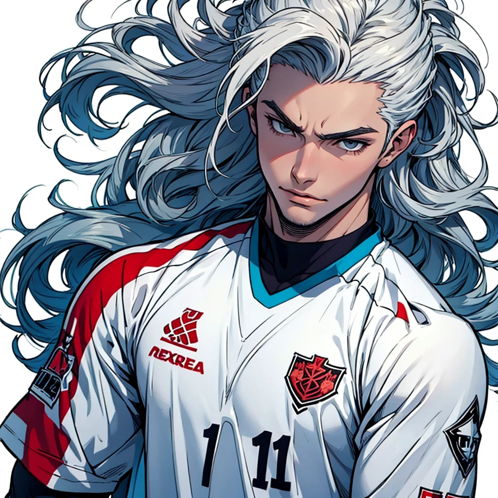 old anime ,lead hair curly hair mane ,White skin,tall height,muscled body,white soccer clothes home background 