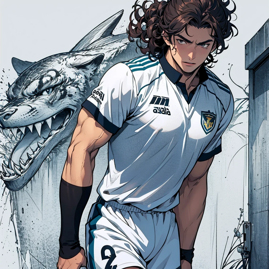 anime boy ,lead hair curly hair ,White skin,tall height,muscled body,white soccer clothes home background 