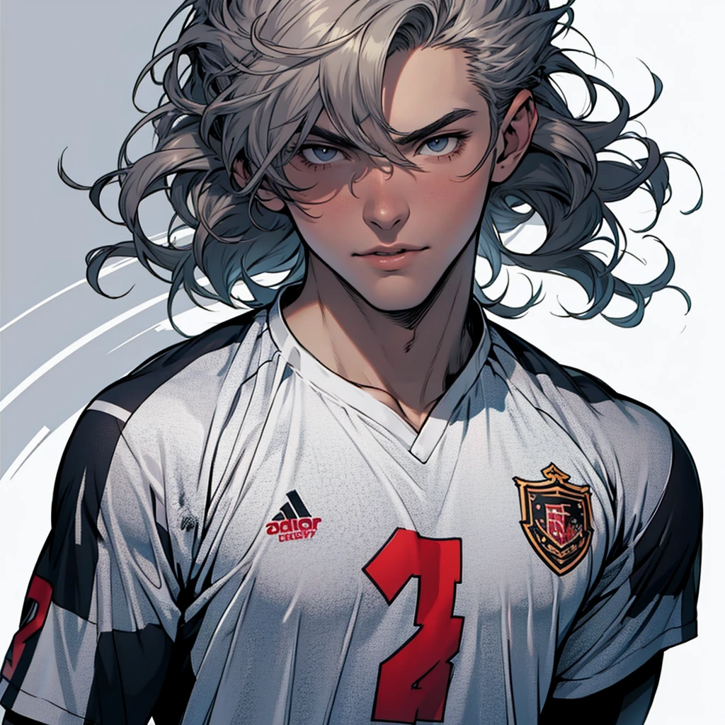 anime boy ,lead hair curly hair ,White skin,tall height,muscled body,white soccer clothes home background 