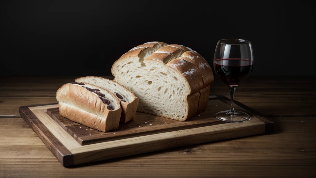 bread and wine on a wooden table with a medium dark background with enough space at the top left to add some type of text