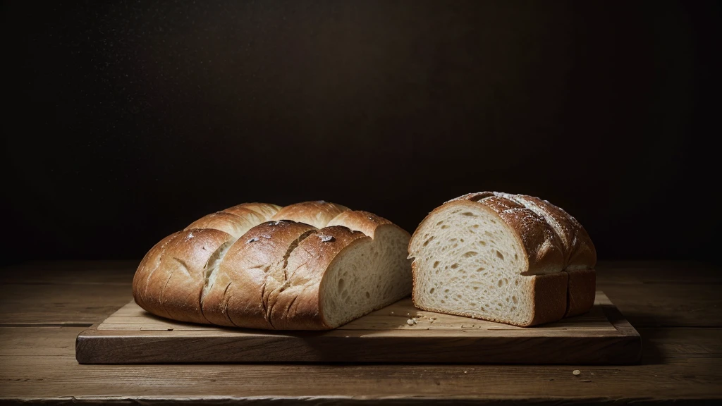 bread and wine on a wooden table with a medium dark background with enough space at the top left to add some type of text