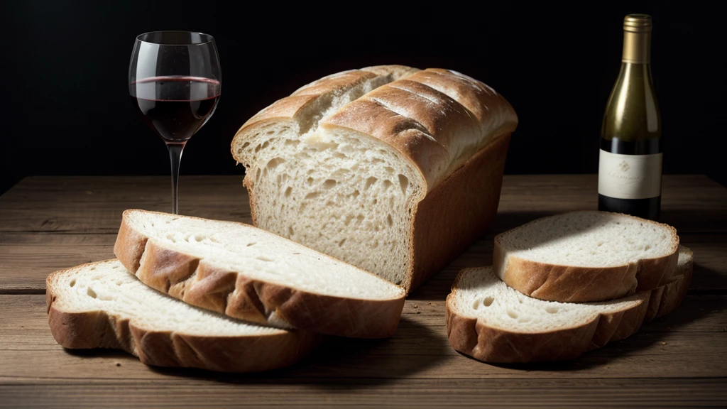 bread and wine on a wooden table with a medium dark background with enough space at the top left to add some type of text