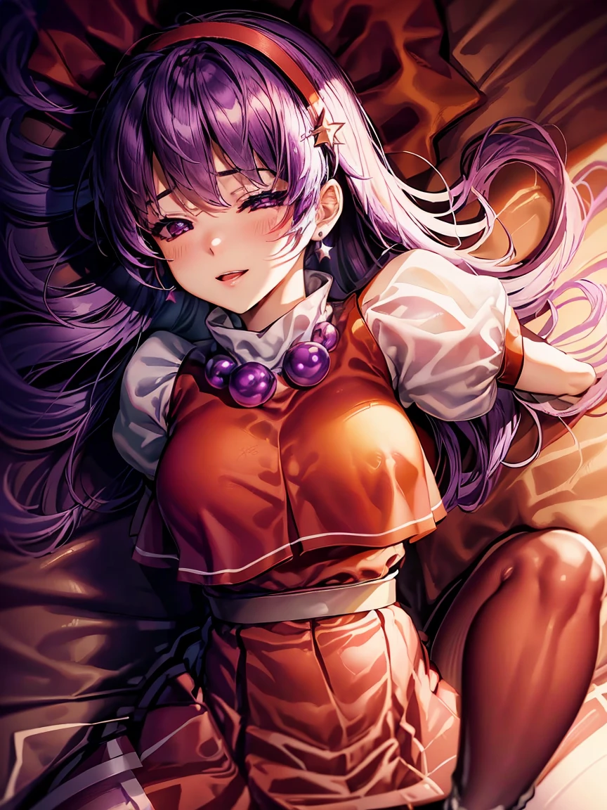 (masterpiece), (best quality), (ultra-detailed), intricate detail, no background, white background, athena97, 1 girl, solo, purple eyes, purple hair, long hair, white earrings, red hairband, star hair ornament, medium breats, red vest, white turtleneck, white puffy sleeves, short sleeves, red pleated skirt, (deep red pantyhose:1.2), black pantyhose, yellow belt, purple sphere shape necklace, red fingerless gloves, white short socks, red shoes, smile, blush, salute, from above, cowboy shot, 、Orgasm Face、closed eye、Blushing cheeks、Arched back、(vaginal pennis:1.2)、(male people:1.3)、heterosexuality、(lying back on:1.6)、(Open leg women:1.4)、(Intense sex:1.7)、(cum shots:1.2)、nsfw、