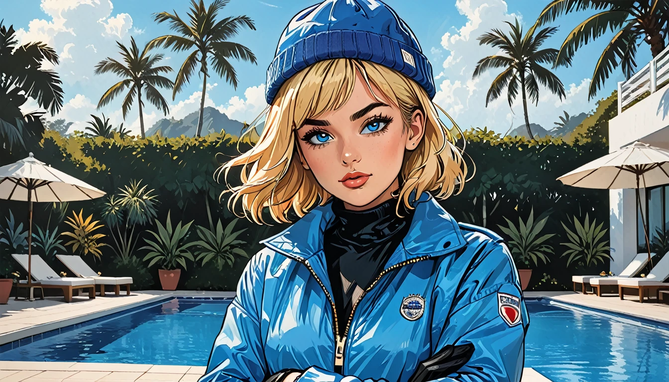 close up portrait girl,close-up, ((hand on own arm):1.5), sad, open mouth, pompom on a hat, (((girl in Blue zipped up down winter jacket and black turtleneck )) and levis (jeans) and blue gloves and (((blue winter hat)))) holding hand on own arm against the backdrop of a white hotel in the tropics,outside, sun lounger, white hotel, swimming pool,adult, [Nordic], perfect Olive skin, Oval Face, Rounded shoulders, (Short blonde Waves hair), snub nose, Arched eyebrows, ((Monolid blue Eyes)), High Round Narrow cheekbones, Dimpled Cheeks, Rounded Chin, Rounded Jawline, Full nude Lips, (blue eyes), Nude Makeup Look, long eyelashes, graphic style of novel comics, perfect hands, 2d, 8k, hyperrealism, masterpiece, high resolution, best quality, ultra-detailed, super realistic, Hyperrealistic art, high-quality, ultra high res, highest detailed, lot of details, Extremely high-resolution details, incredibly lifelike, soft cinematic light,