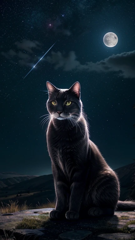 Hyper-realistic digital painting of a giant cat sitting on a hilltop, gazing up at a full moon in a star-filled night sky. The moonlight casts a silver glow on the cat's fur, creating a mystical and enchanting atmosphere. The stars twinkle brightly, and constellations are visible in the clear night sky. The cat's expression is thoughtful and serene, as if contemplating the universe. The scene captures the magic and wonder of a night under the stars, with the giant cat as a guardian of the night. Cinematic composition, trending on ArtStation.