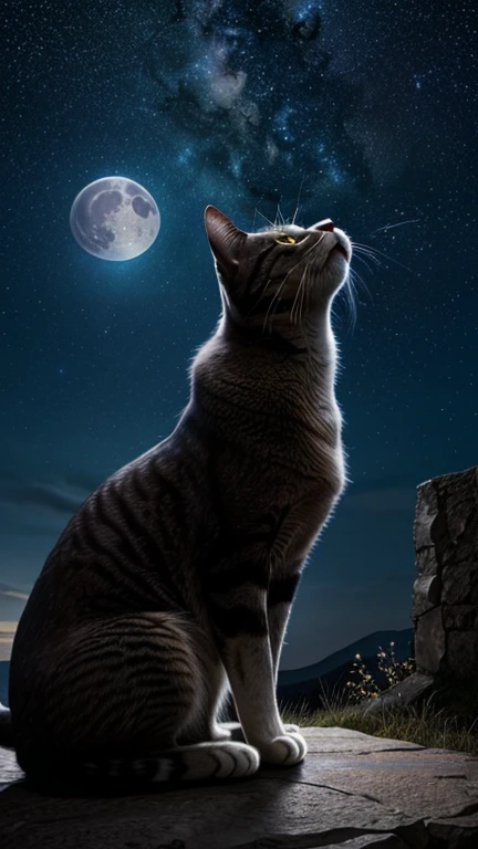 Hyper-realistic digital painting of a giant cat sitting on a hilltop, gazing up at a full moon in a star-filled night sky. The moonlight casts a silver glow on the cat's fur, creating a mystical and enchanting atmosphere. The stars twinkle brightly, and constellations are visible in the clear night sky. The cat's expression is thoughtful and serene, as if contemplating the universe. The scene captures the magic and wonder of a night under the stars, with the giant cat as a guardian of the night. Cinematic composition, trending on ArtStation.