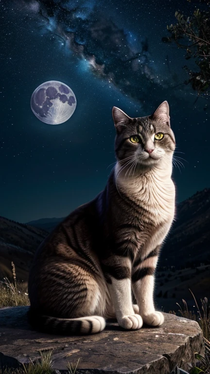 Hyper-realistic digital painting of a giant cat sitting on a hilltop, gazing up at a full moon in a star-filled night sky. The moonlight casts a silver glow on the cat's fur, creating a mystical and enchanting atmosphere. The stars twinkle brightly, and constellations are visible in the clear night sky. The cat's expression is thoughtful and serene, as if contemplating the universe. The scene captures the magic and wonder of a night under the stars, with the giant cat as a guardian of the night. Cinematic composition, trending on ArtStation.