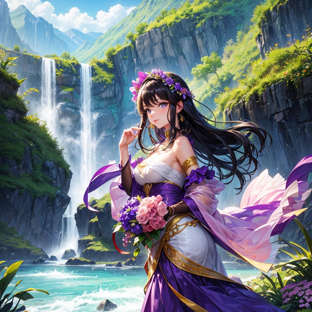 Make an image of a beautiful and pretty woman holding a purple flower, make her look beautiful and pretty, make the background a valley with a waterfall in the background