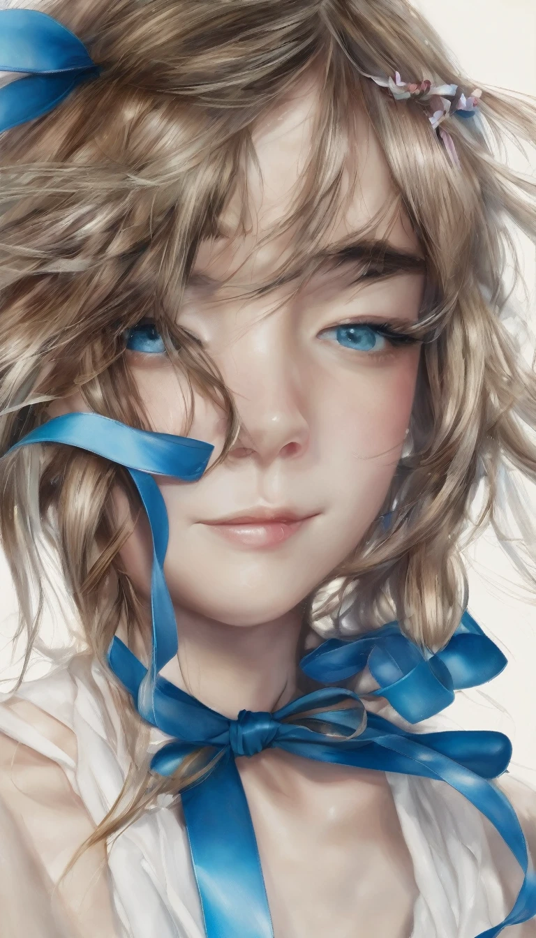 Longhaire, ssmile, blue eye, ribbon, Next to, photorealism, from top to bottom,