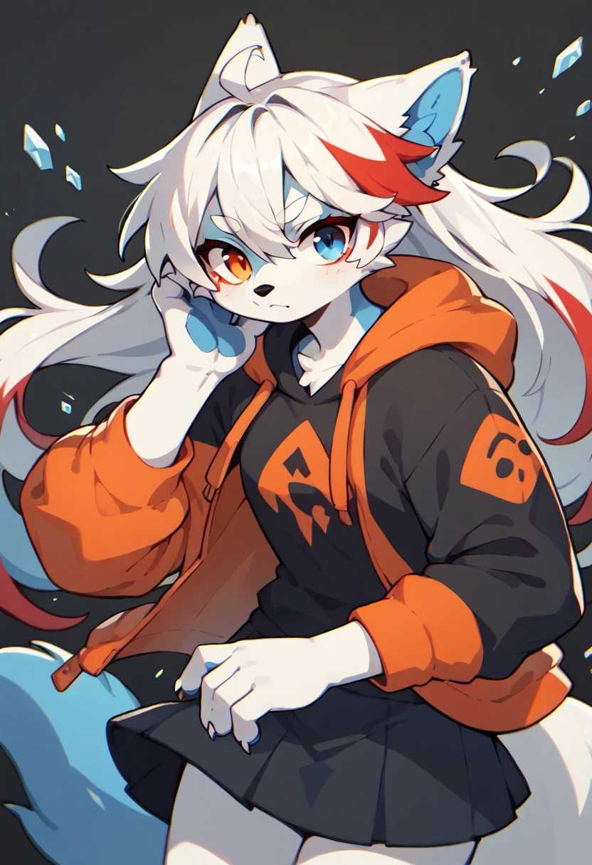1girl furry,wolf , black and white hair, ,, red hair dye tips in hair, long hair, skirt, hoodie, blue and red, ice an,one blue eye, one orange eye