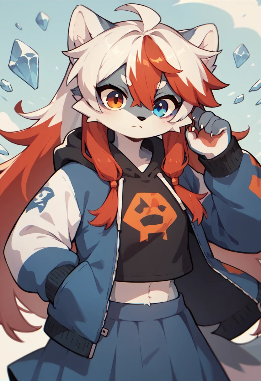 1girl furry,wolf , black and white hair, ,, red hair dye tips in hair, long hair, skirt, hoodie, blue and red, ice an,one blue eye, one orange eye