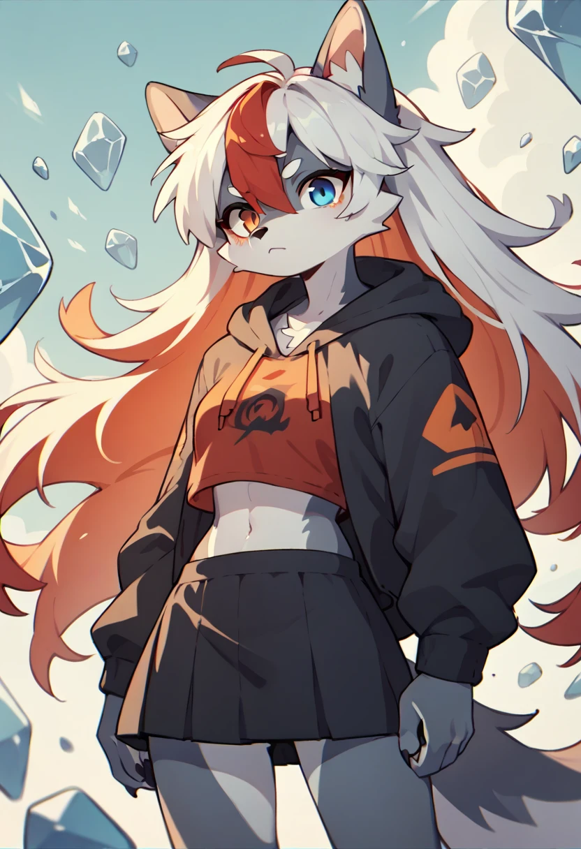 1girl furry,wolf , black and white hair, ,, red hair dye tips in hair, long hair, skirt, hoodie, blue and red, ice an,one blue eye, one orange eye