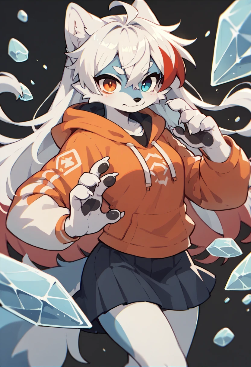 1girl furry,wolf , black and white hair, ,, red hair dye tips in hair, long hair, skirt, hoodie, blue and red, ice an,one blue eye, one orange eye