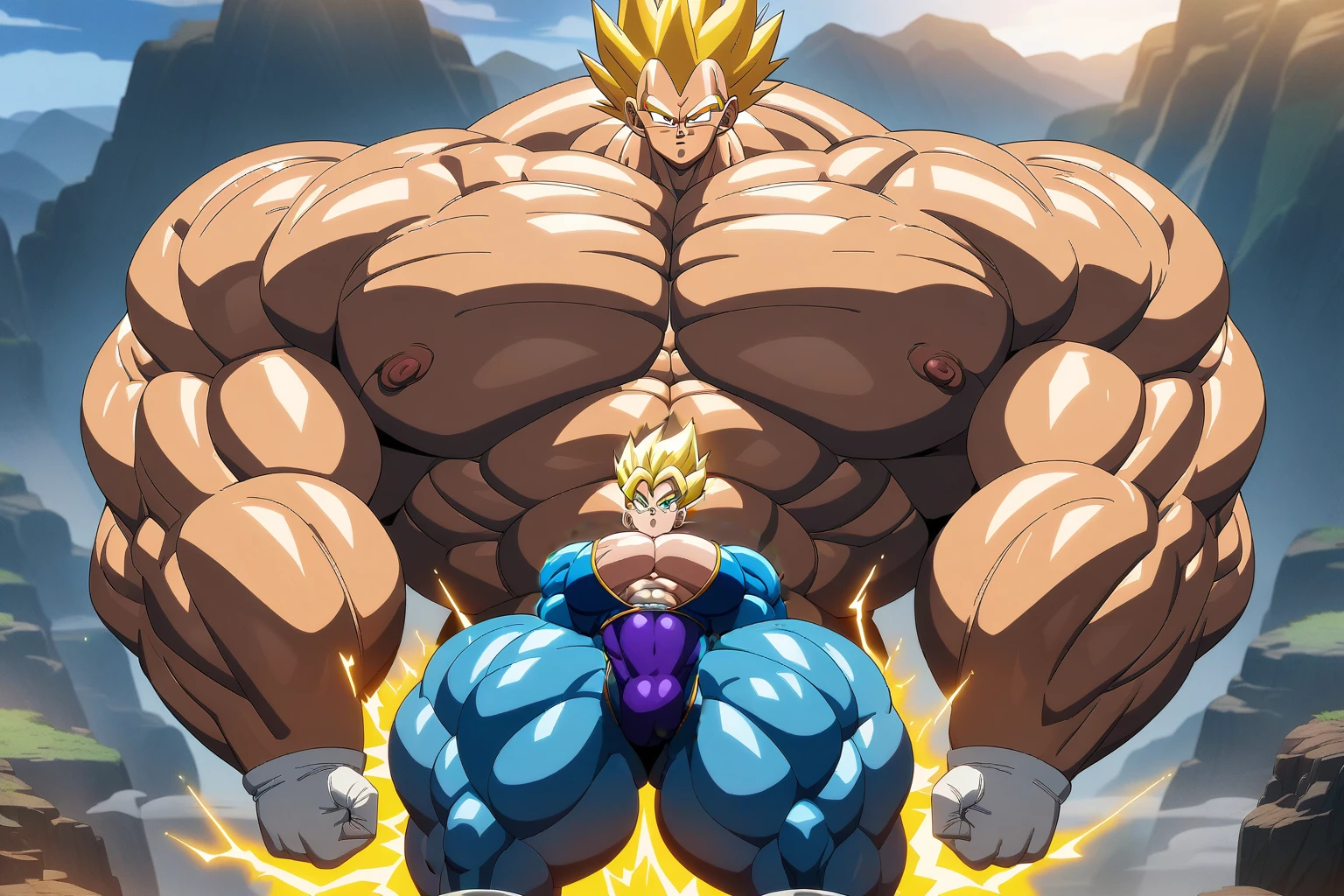 1boy, Vegeta, from Dragon Ball Z, masterpiece, best quality, very aesthetic, absurdres, saiyan, green eyes, spiked hair, (yellow hair:2), shirtless, blue skintight pants, white gloves, (huge muscles:2.5), dragonballartstyle, in the style of Akira Toriyama, outdoors, flat-top mountains, nipples, abs, yellow aura, electricity, (remove covered part:2)